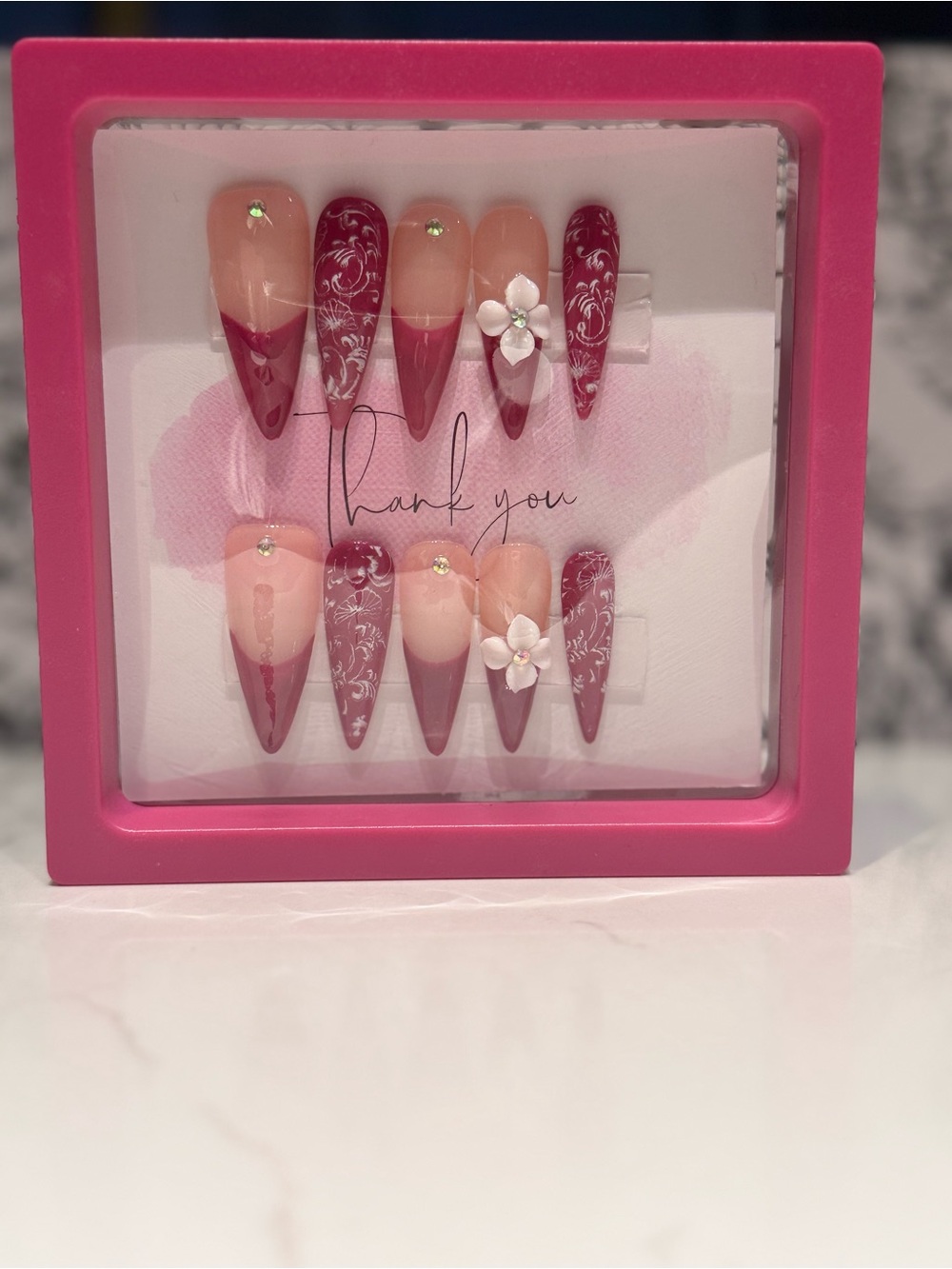Pink Floral Stiletto Press-On Nails with 3D Flower Accents
